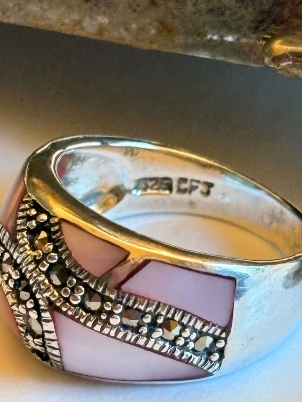 VTG Chinery Palmer CPJ 925 Sterling Silver Pink MOP Marcasite Ring
